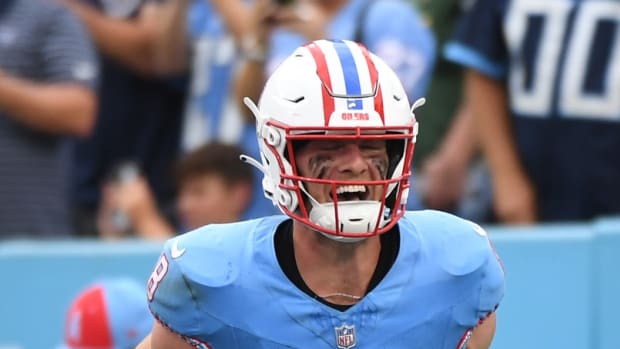Tennessee Titans quarterback Will Levis (8) celebrates after a touchdown pass during the second half against the Atlanta Falcons at Nissan Stadium.